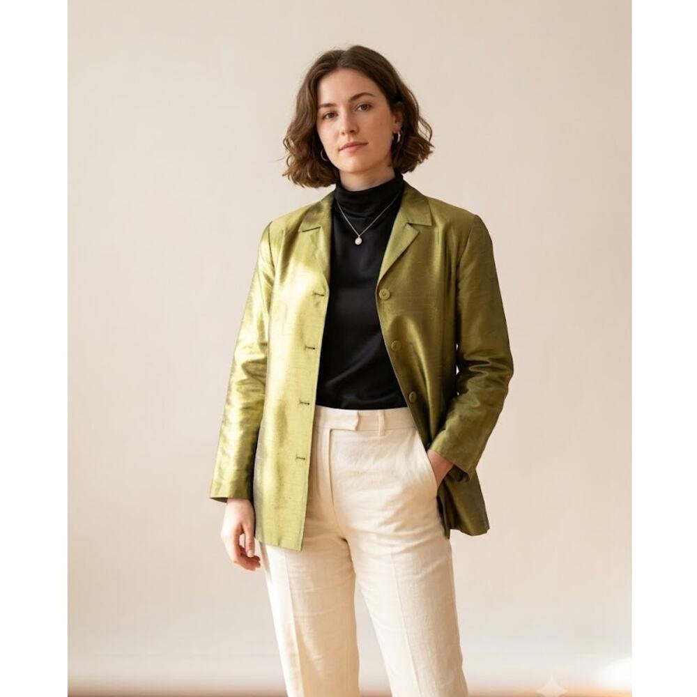 Vintage 90's Rafaella Silk Metallic Olive Green Button Shirt Blazer 8 Petite